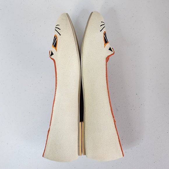 Cat Face Shoes Flats Womens 9.5 Kitten Embroidered Hot Polka Dot Cream Orange - Picture 5 of 10